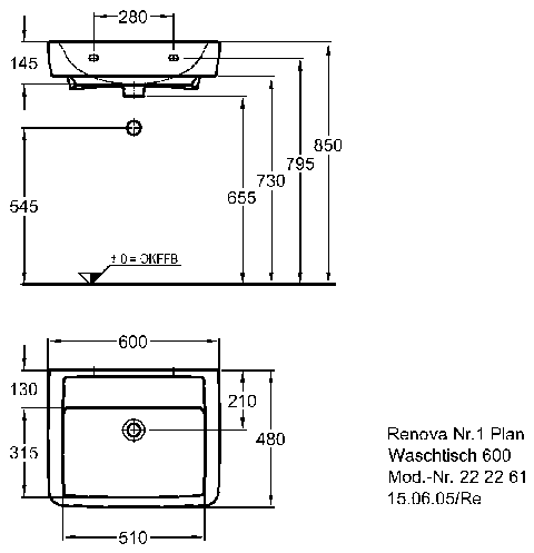 Keramag Waschtisch Renova Nr. 1 Plan 222261 600x480mm ohne Hahnloch