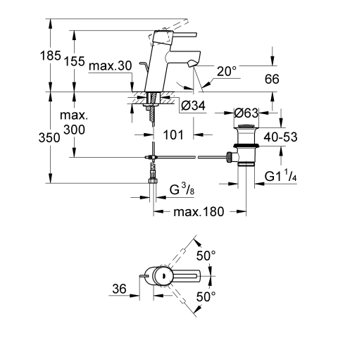 GROHE Einhand-WT-Batterie Concetto 32204 mit Zugstangen-Ablaufgarnitur