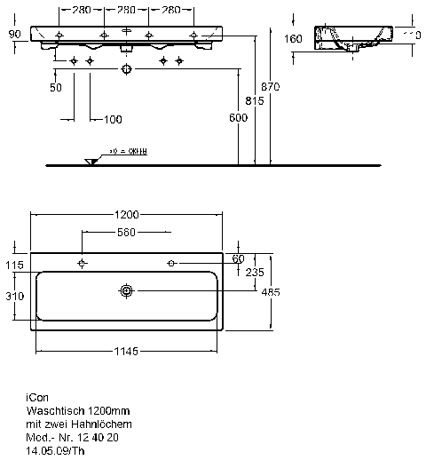 Keramag Waschtisch iCon, mit zwei Hahnlöchern 1200x485mm