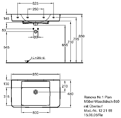 Keramag Möbel-Waschtisch Renova Nr.1 Plan 122188 850x480mm ohne Hahnloch mit Überlauf