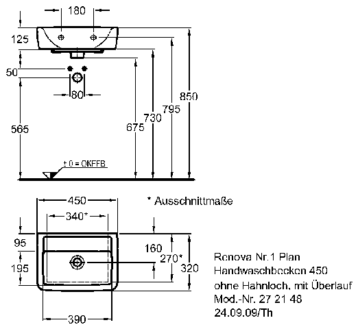 Keramag Handwaschbecken Renova Nr. 1 Plan, ohne Hahnl., mit Überlauf 450x320mm