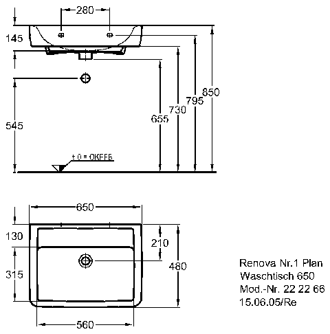 Keramag Waschtisch Renova Nr. 1 Plan 222266 650x480mm ohne Hahnloch