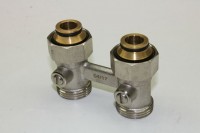 Zweirohr-Hahnblock G3/4 x G3/4, Durchg., f. Ventil-HK m. 3/4" AG, m. Konusteil, m. Absperrung Zweirohr-Hahnblock G3/4 x G3/4, Durchg., f. Ventil-HK m. 3/4" AG, m. Konusteil, m. Absperrung