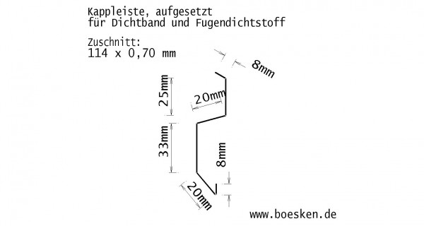 Titanzink-Kappleiste, aufgesetzt f. Dichtband, RZ vorbewittert, 114 x 0.70 mm, L: 2m