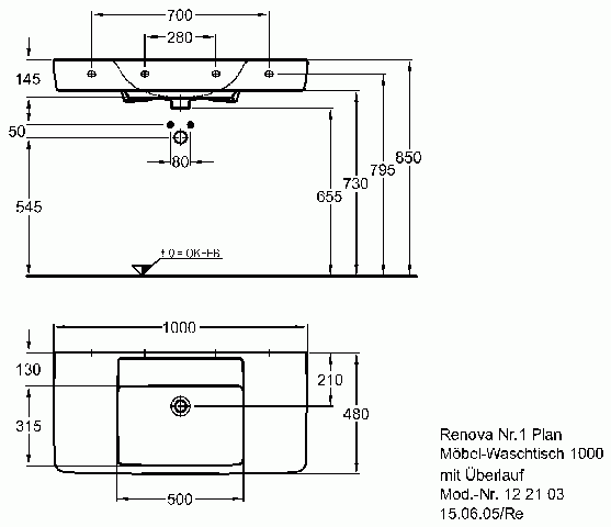 Keramag Möbel-Waschtisch Renova Nr.1 Plan 122103, 1000x480mm, ohne Hahnloch