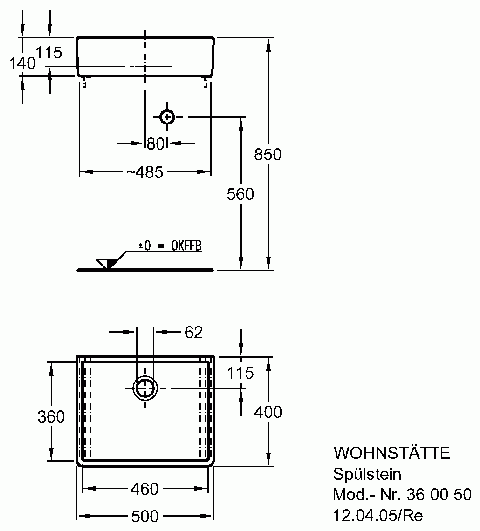 Keramag Spülstein Wohnstätte 360050 500x400x140mm weiß(alpin) ohne Überlauf